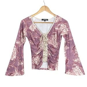Rampage Boho Y2K Lace Up Top Womens M Bell Sleeve Coquette Romantic Festival